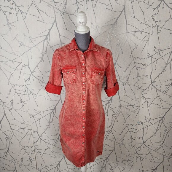 Mavi Orange Wash Cotton Pearl Snap Shirt Dress - Picture 1 of 6